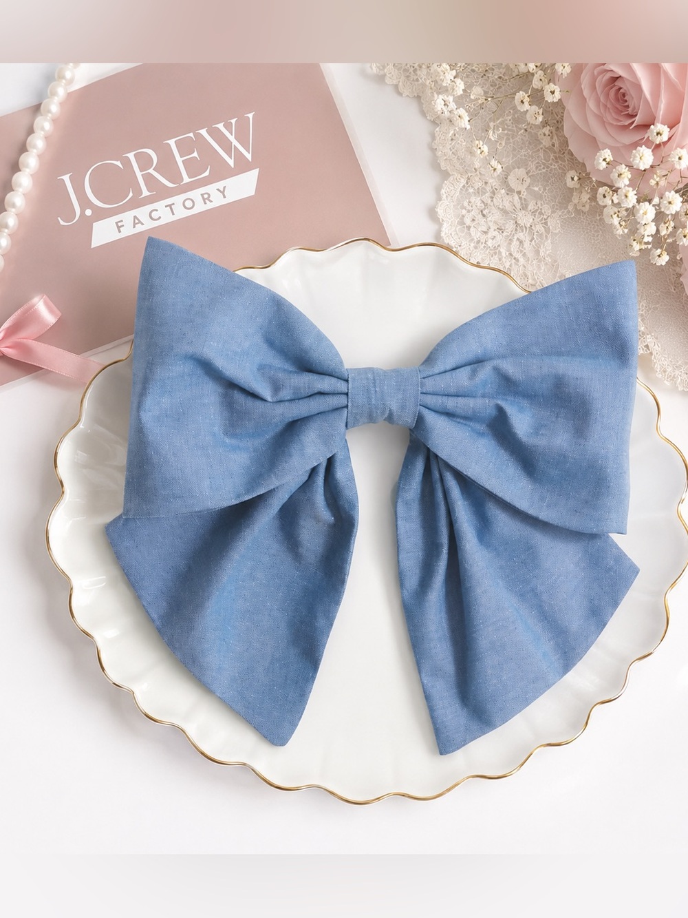 NWT🎀 J.Crew Chambray Bow Barrette Blue Coquette Hair Clip Cottagecore Feminine